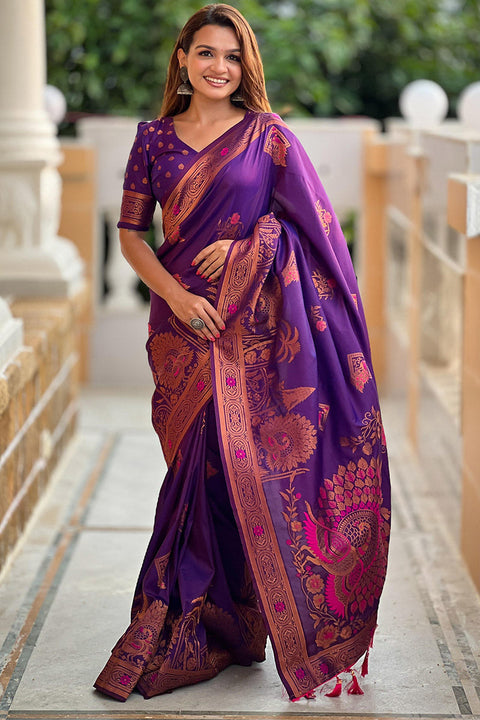 VastraLakshmi Hypnotic Purple Paithani Silk Saree With Intricate Blouse Piece