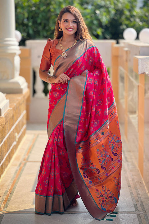 VastraLakshmi Traditional Dark Pink Paithani Silk Saree With Dalliance Blouse Piece