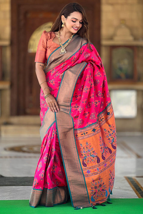 VastraLakshmi Traditional Dark Pink Paithani Silk Saree With Dalliance Blouse Piece