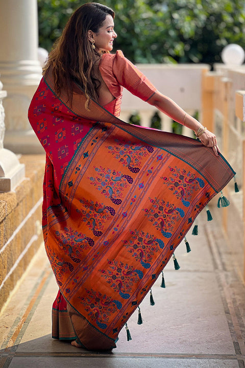 VastraLakshmi Traditional Dark Pink Paithani Silk Saree With Dalliance Blouse Piece