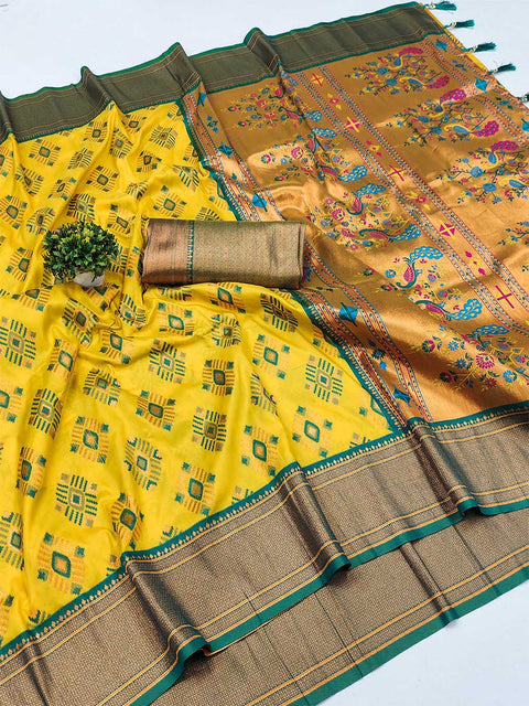 VastraLakshmi Brood Yellow Paithani Silk Saree With Demure Blouse Piece