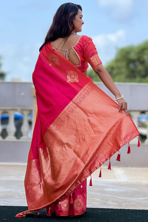 VastraLakshmi Dazzling Dark Pink Soft Banarasi Silk Saree With Prominent Blouse Piece