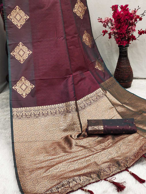 VastraLakshmi Resplendent Wine Soft Banarasi Silk Saree With Resplendent Blouse Piece