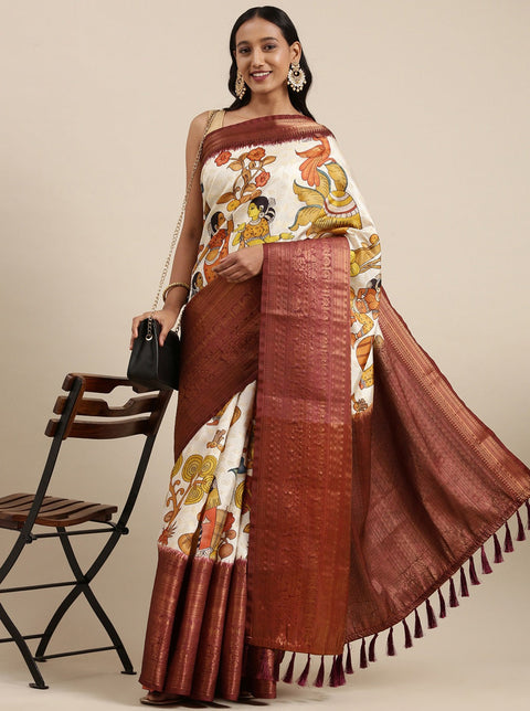 VastraLakshmi Gratifying Beige Kalamkari Printed Saree With Jazzy Blouse Piece