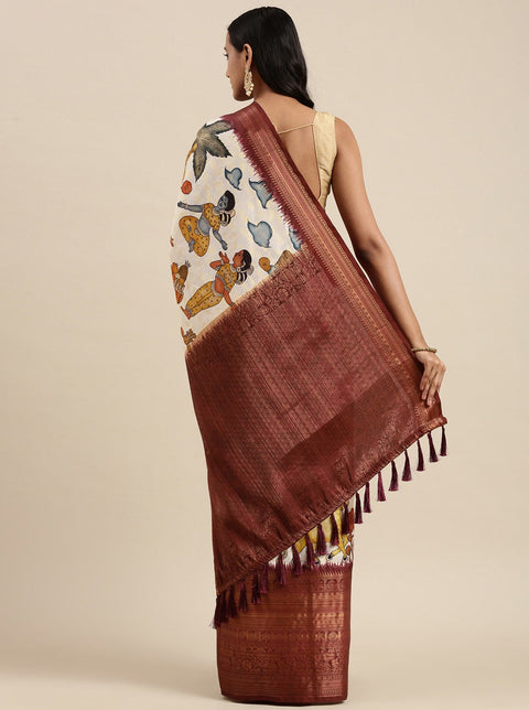 VastraLakshmi Gratifying Beige Kalamkari Printed Saree With Jazzy Blouse Piece