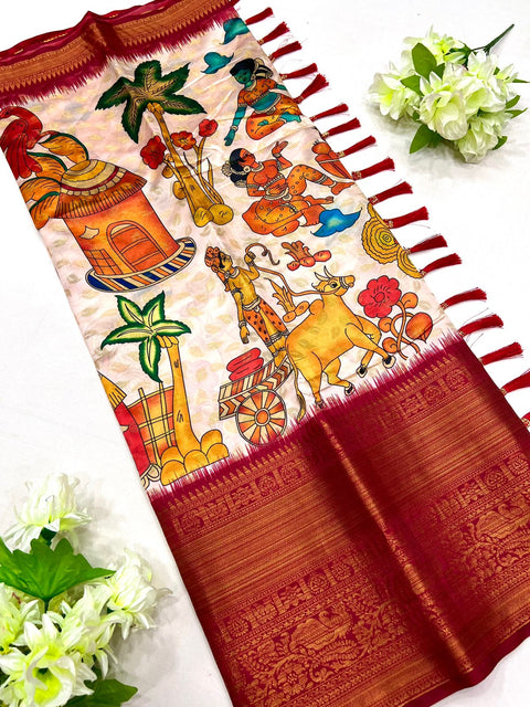 VastraLakshmi Gratifying Beige Kalamkari Printed Saree With Jazzy Blouse Piece