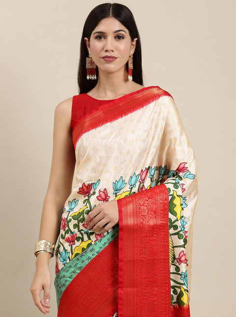 VastraLakshmi Scintillating Beige Kalamkari Printed Saree With Flameboyant Blouse Piece