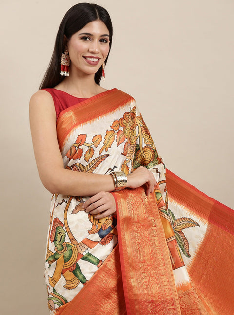 VastraLakshmi Ravishing Beige Kalamkari Printed Saree With Flameboyant Blouse Piece