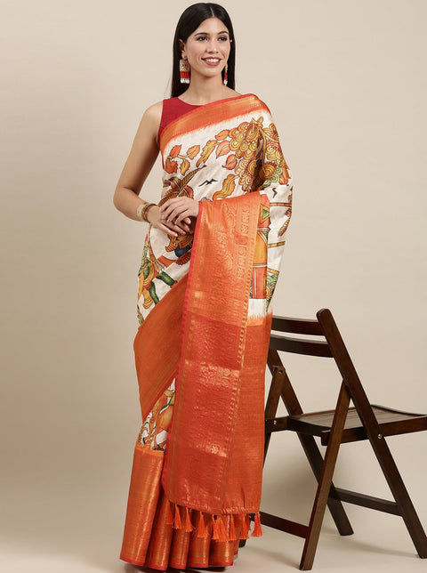 VastraLakshmi Ravishing Beige Kalamkari Printed Saree With Flameboyant Blouse Piece