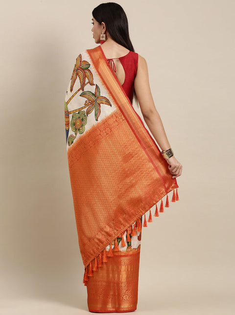 VastraLakshmi Ravishing Beige Kalamkari Printed Saree With Flameboyant Blouse Piece