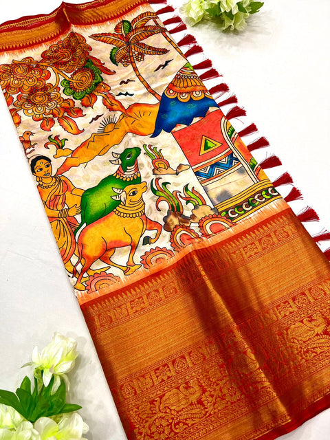 VastraLakshmi Ravishing Beige Kalamkari Printed Saree With Flameboyant Blouse Piece