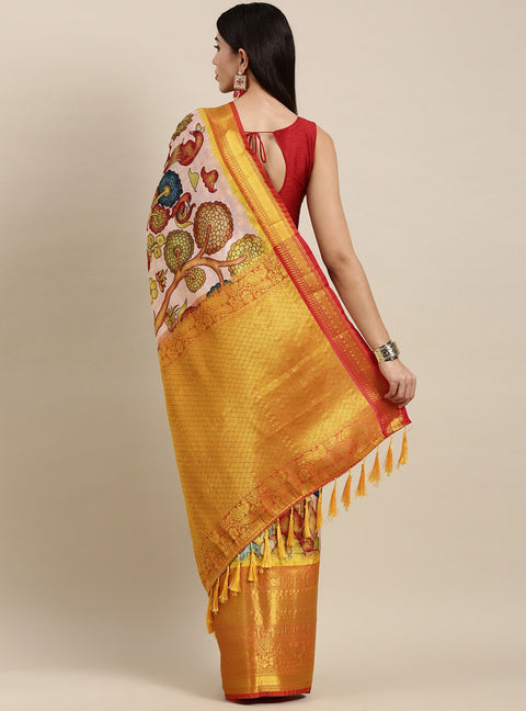 VastraLakshmi Arresting Beige Kalamkari Printed Saree With Impressive Blouse Piece