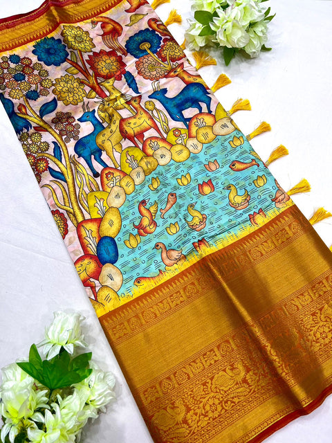 VastraLakshmi Arresting Beige Kalamkari Printed Saree With Impressive Blouse Piece