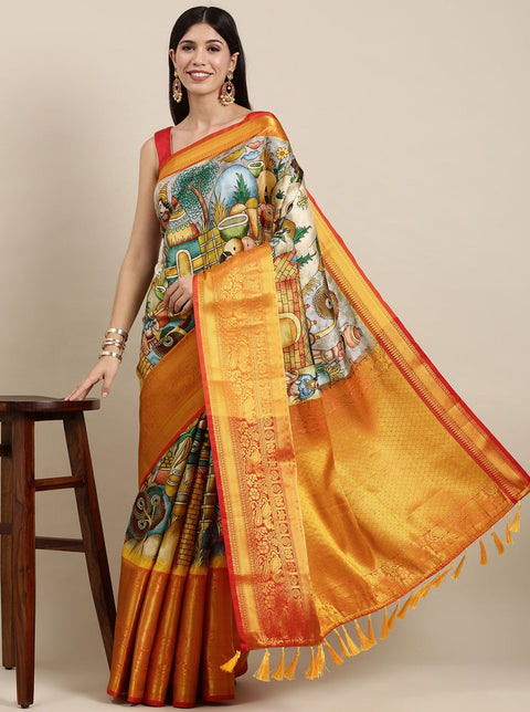 VastraLakshmi Staring Beige Kalamkari Printed Saree With Stylish Blouse Piece