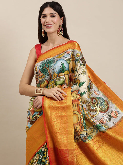 VastraLakshmi Staring Beige Kalamkari Printed Saree With Stylish Blouse Piece