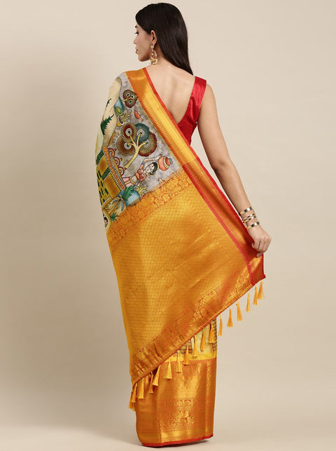 VastraLakshmi Staring Beige Kalamkari Printed Saree With Stylish Blouse Piece