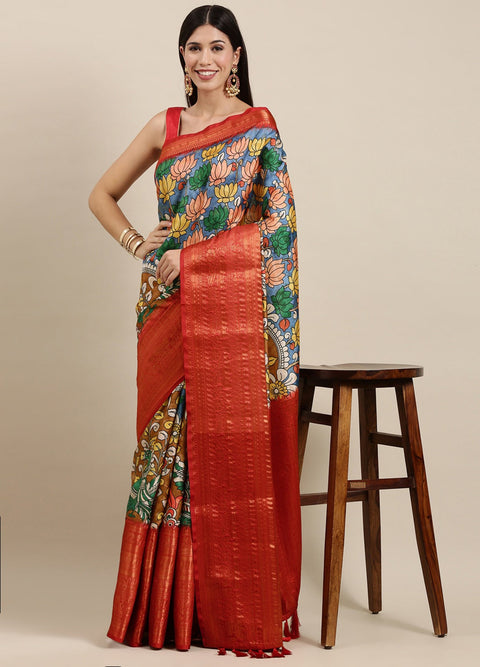 VastraLakshmi Energetic Beige Kalamkari Printed Saree With Classy Blouse Piece