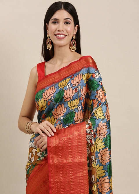 VastraLakshmi Energetic Beige Kalamkari Printed Saree With Classy Blouse Piece