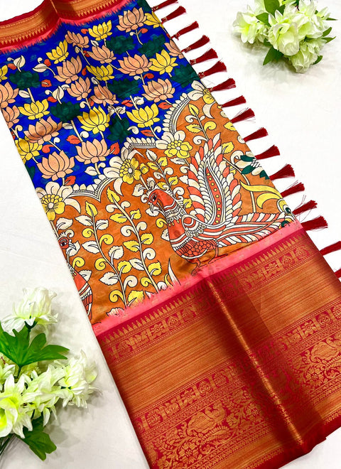 VastraLakshmi Energetic Beige Kalamkari Printed Saree With Classy Blouse Piece