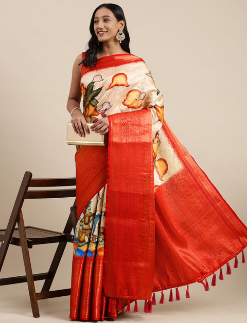 VastraLakshmi Pretty Beige Kalamkari Printed Saree With Amazing Blouse Piece