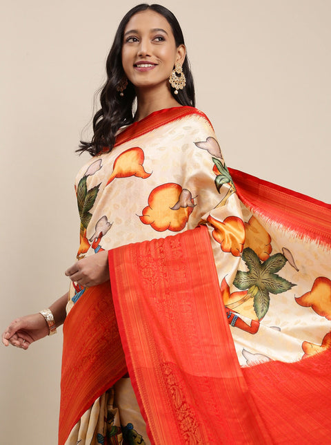 VastraLakshmi Pretty Beige Kalamkari Printed Saree With Amazing Blouse Piece