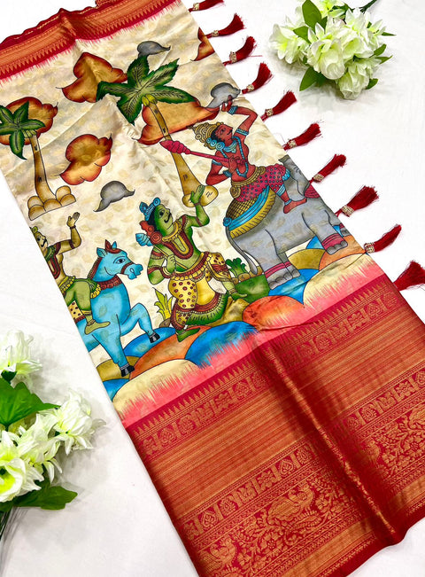 VastraLakshmi Pretty Beige Kalamkari Printed Saree With Amazing Blouse Piece