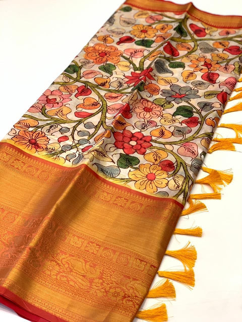 VastraLakshmi Staring Beige Kalamkari Printed Saree With Appealing Blouse Piece