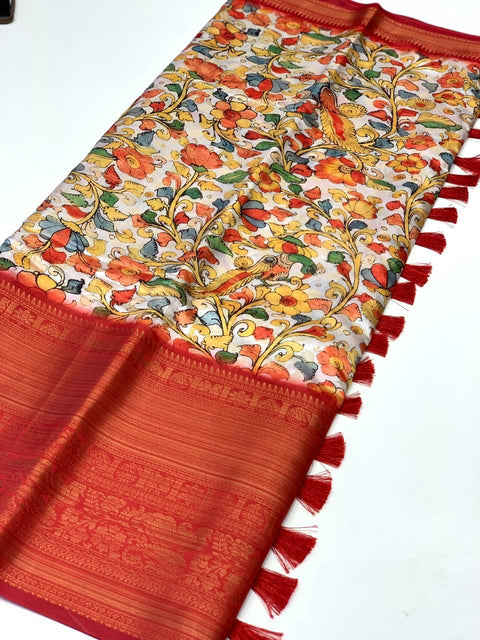 VastraLakshmi Gratifying Beige Kalamkari Printed Saree With Desiring Blouse Piece