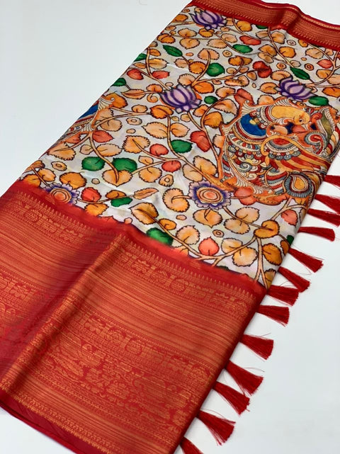 VastraLakshmi Ideal Beige Kalamkari Printed Saree With Ailurophile Blouse Piece