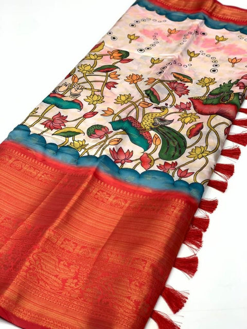 VastraLakshmi Demanding Baby Pink Kalamkari Printed Saree With Designer Blouse Piece