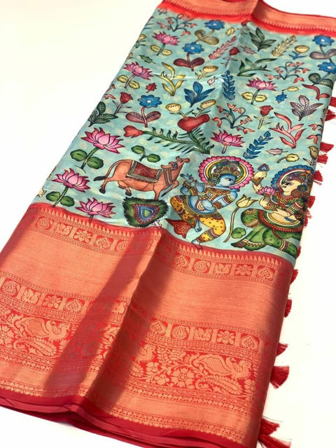 VastraLakshmi Wonderful Firozi Kalamkari Printed Saree With Deserving Blouse Piece