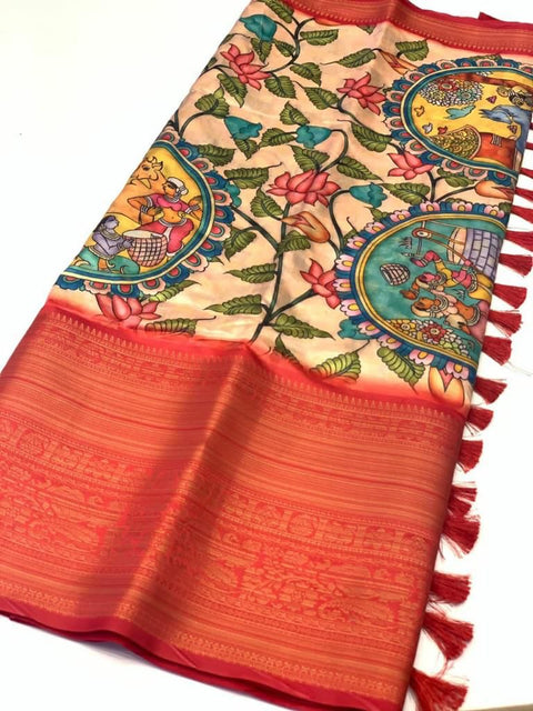 VastraLakshmi Groovy Peach Kalamkari Printed Saree With Fancifull Blouse Piece