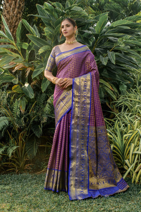 VastraLakshmi Gleaming Navy Blue Soft Banarasi Silk Saree With Bewitching Blouse Piece