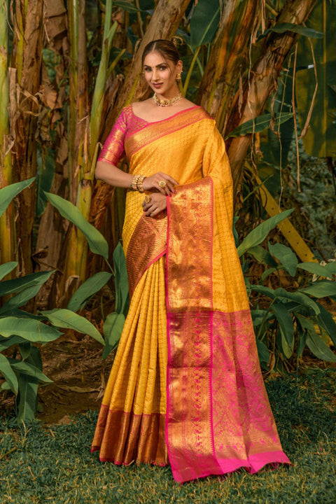 VastraLakshmi Sensational Yellow Soft Banarasi Silk Saree With Bewitching Blouse Piece