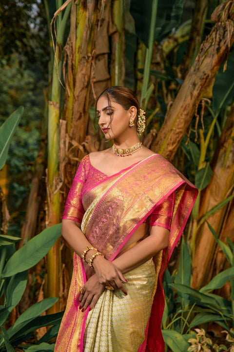 VastraLakshmi Precious Beige Soft Banarasi Silk Saree With Bewitching Blouse Piece