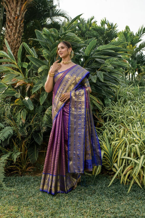 VastraLakshmi Gleaming Navy Blue Soft Banarasi Silk Saree With Bewitching Blouse Piece