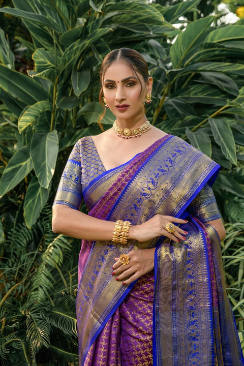 VastraLakshmi Gleaming Navy Blue Soft Banarasi Silk Saree With Bewitching Blouse Piece