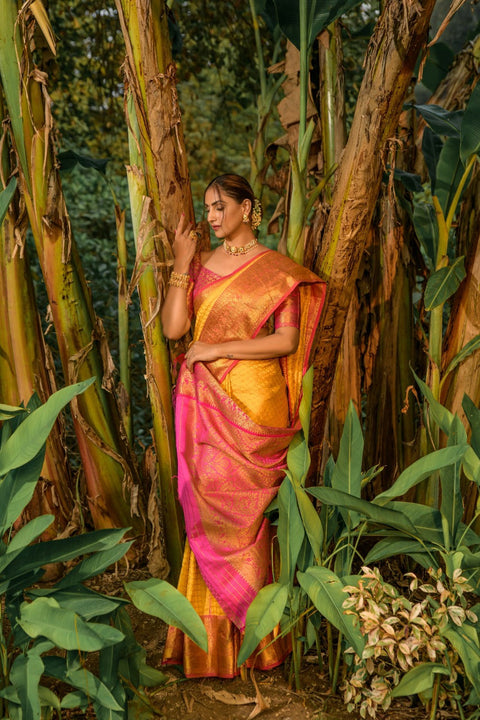 VastraLakshmi Sensational Yellow Soft Banarasi Silk Saree With Bewitching Blouse Piece