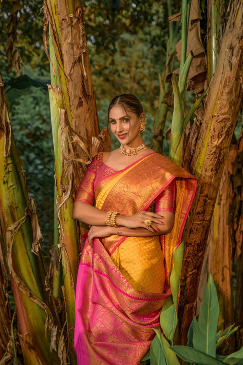 VastraLakshmi Sensational Yellow Soft Banarasi Silk Saree With Bewitching Blouse Piece