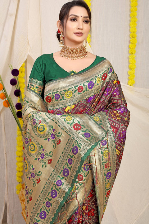 VastraLakshmi Surreptitious Wine Paithani Silk Saree With Dalliance Blouse Piece