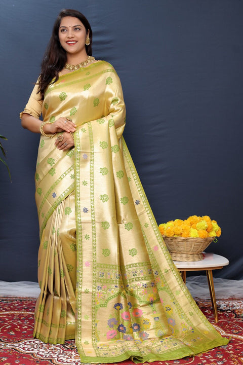 VastraLakshmi Palimpsest Green Paithani Silk Saree With Scintillating Blouse Piece