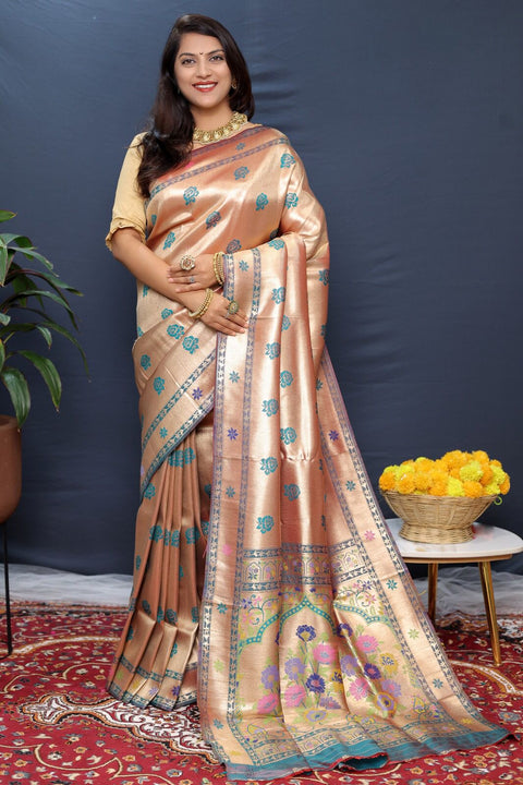 VastraLakshmi Evocative Grey Paithani Silk Saree With Enigmatic Blouse Piece