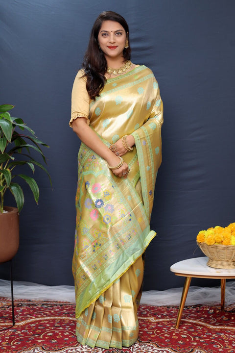 VastraLakshmi Desuetude Pista Paithani Silk Saree With Lustrous Blouse Piece