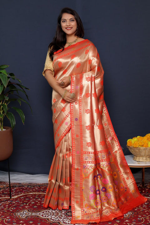 VastraLakshmi Ideal Red Paithani Silk Saree With Seraphic Blouse Piece