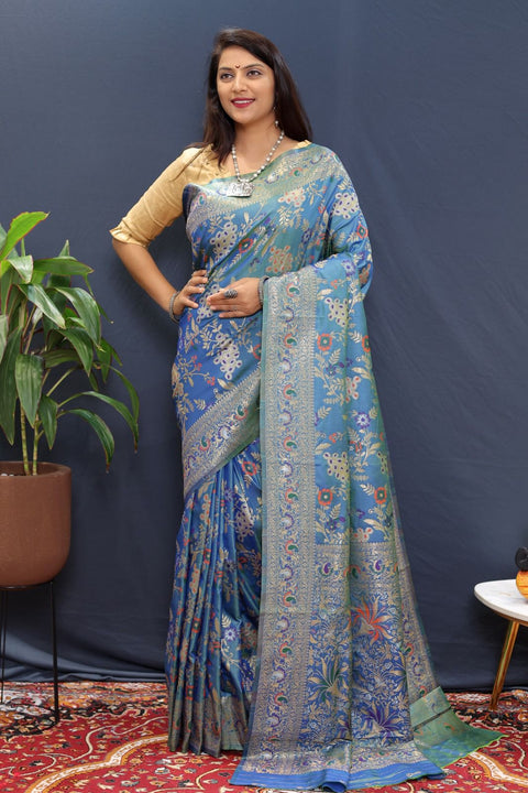 VastraLakshmi Beauteous Blue Soft Banarasi Silk Saree With Efflorescence Blouse Piece