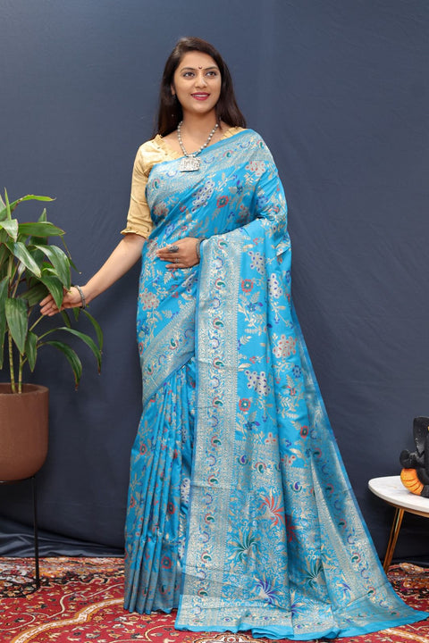 VastraLakshmi Efflorescence Firozi Soft Banarasi Silk Saree With Chatoyant Blouse Piece