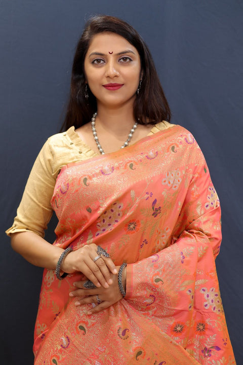 VastraLakshmi Ratatouille Peach Soft Banarasi Silk Saree With Sempiternal Blouse Piece