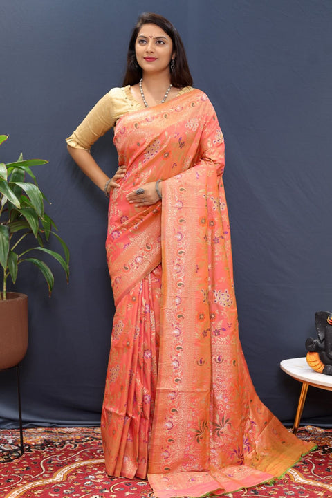 VastraLakshmi Ratatouille Peach Soft Banarasi Silk Saree With Sempiternal Blouse Piece