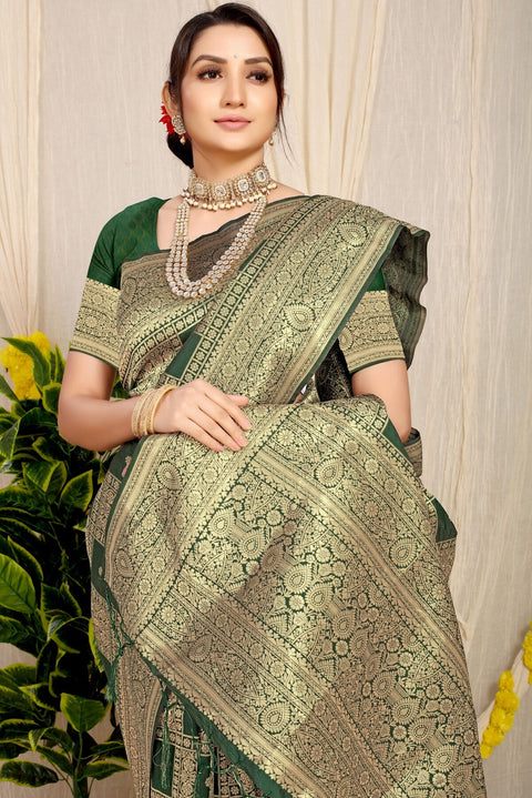 VastraLakshmi Sizzling Dark Green Kanjivaram Silk Saree With Glittering Blouse Piece