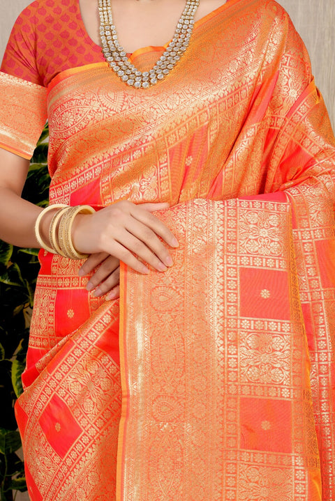 VastraLakshmi Dazzling Peach Kanjivaram Silk Saree With Glittering Blouse Piece